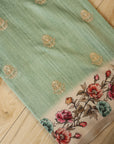 Sea Green Digital Print Embroidered Dola Silk Handwoven Saree